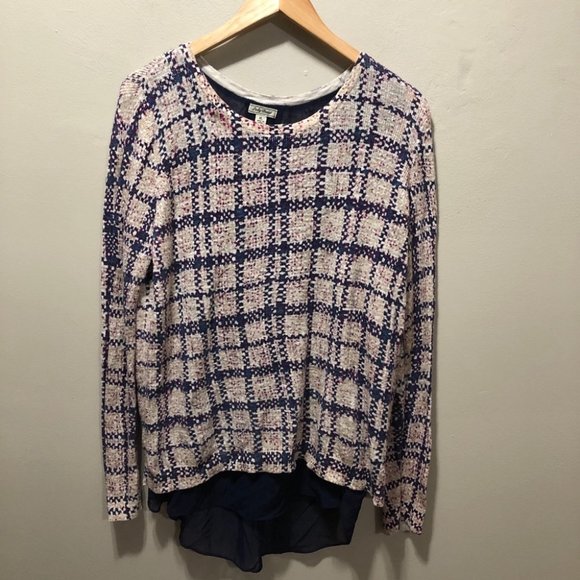{Lucky Brand} Plaid Tweed Overlay Sweater - Picture 3 of 8